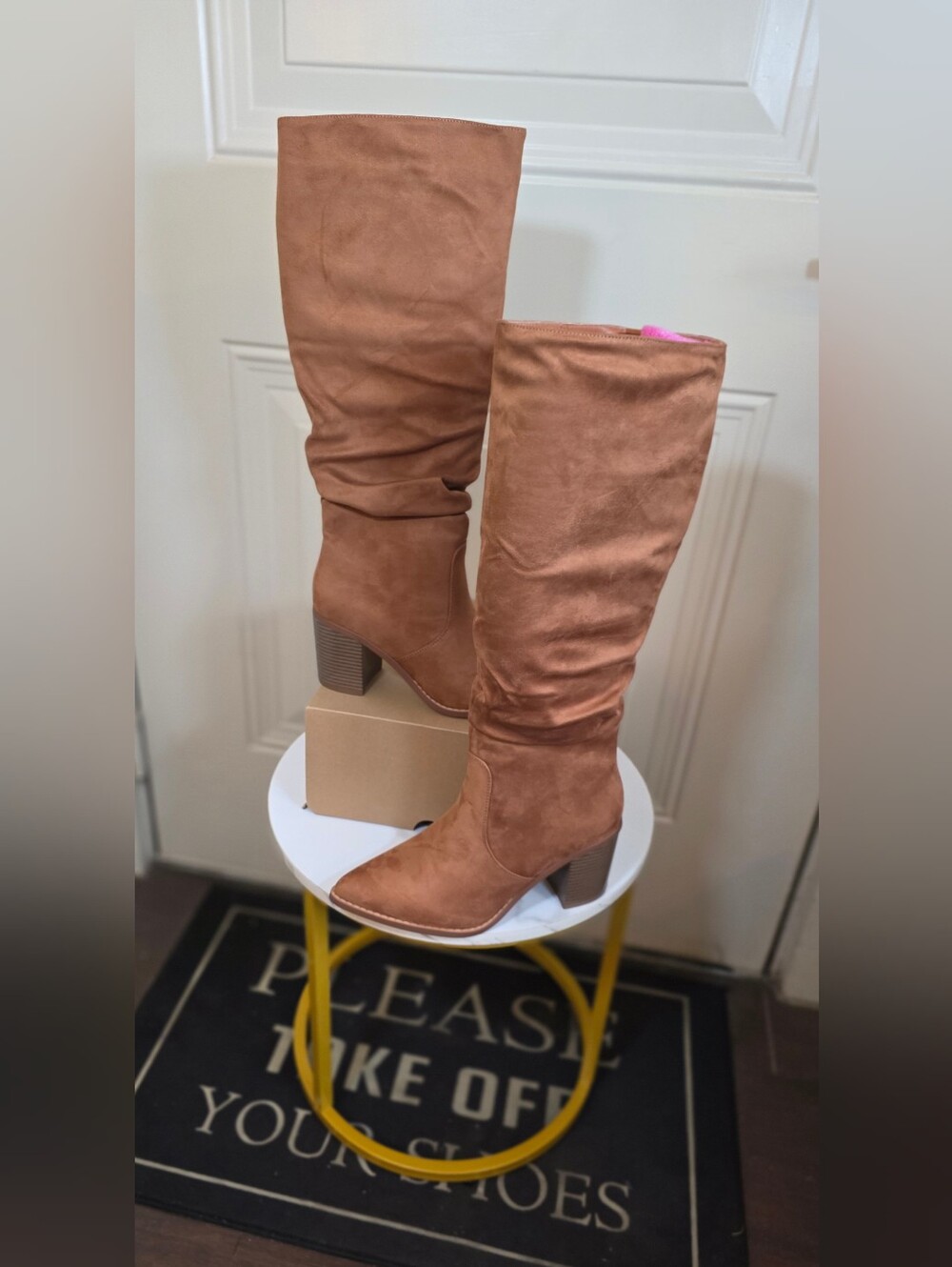 Tan Slouch Knee High Boots Pointed Toe Block Heel Ruched Faux Suede 8.5 Boho